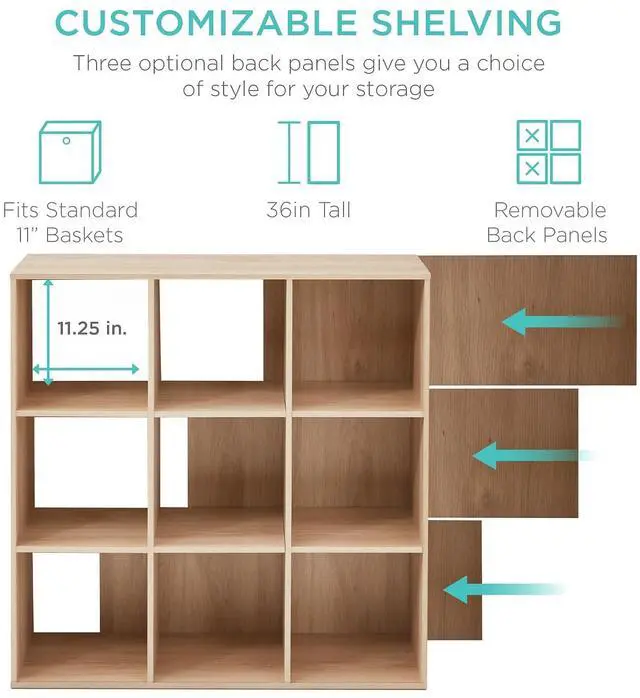 Alt view image 3 of 7 - Best Choice Products 9-Cube Storage Organizer, 11in Shelf Opening, Bookcase, Display Shelf, Customizable w/ 3 Removable Back Panels - Light Oak