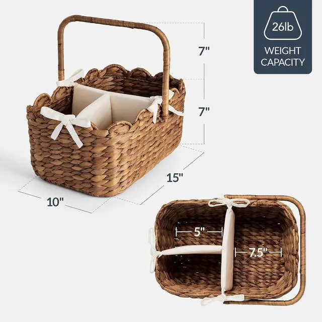 Alt view image 2 of 7 - Baby Diaper Caddy Organizer, Large Portable Handmade Nursery Basket w/Removable Divider & Handles, Handwoven Changing Table Storage Bin for Nursery Organization - Chestnut