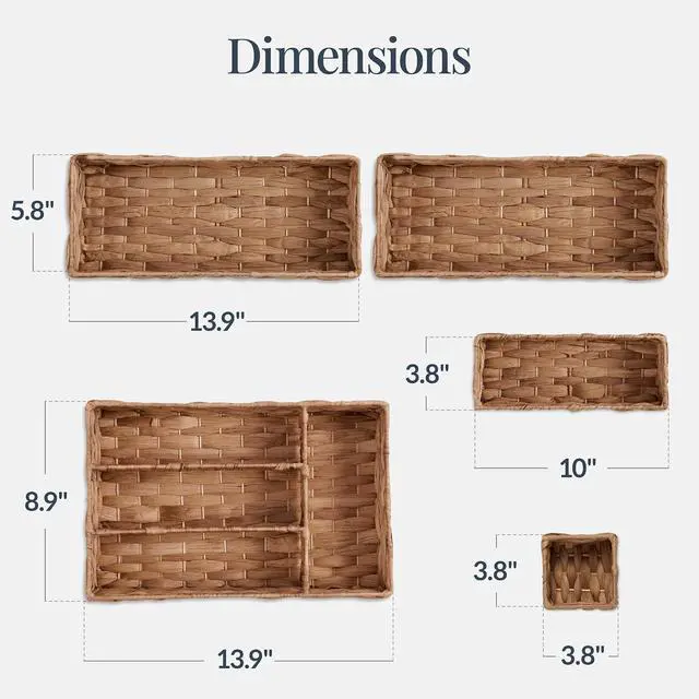 Alt view image 2 of 7 - 5-Piece Flatware Organizer Set, Woven Modular Silverware & Utensil Drawer Organizer Trays, Drawer Divider, Storage Containers for Kitchen, Bathroom, & Office Utensils - Chestnut