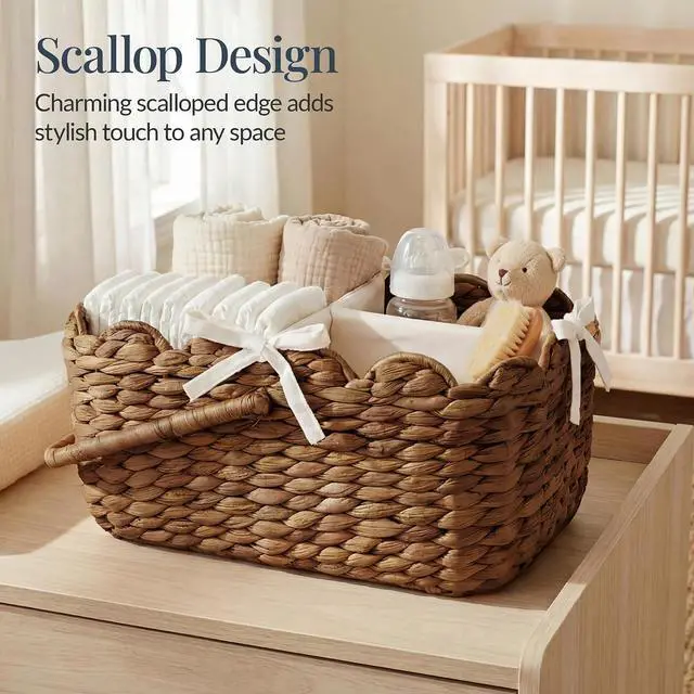 Alt view image 3 of 7 - Baby Diaper Caddy Organizer, Large Portable Handmade Nursery Basket w/Removable Divider & Handles, Handwoven Changing Table Storage Bin for Nursery Organization - Chestnut