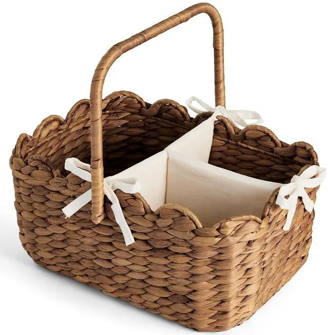 Main image of Baby Diaper Caddy Organizer, Large Portable Handmade Nursery Basket w/Removable Divider & Handles, Handwoven Changing Table Storage Bin for Nursery Organization - Chestnut