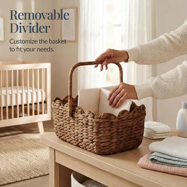 Alt view image 6 of 7 - Baby Diaper Caddy Organizer, Large Portable Handmade Nursery Basket w/Removable Divider & Handles, Handwoven Changing Table Storage Bin for Nursery Organization - Chestnut