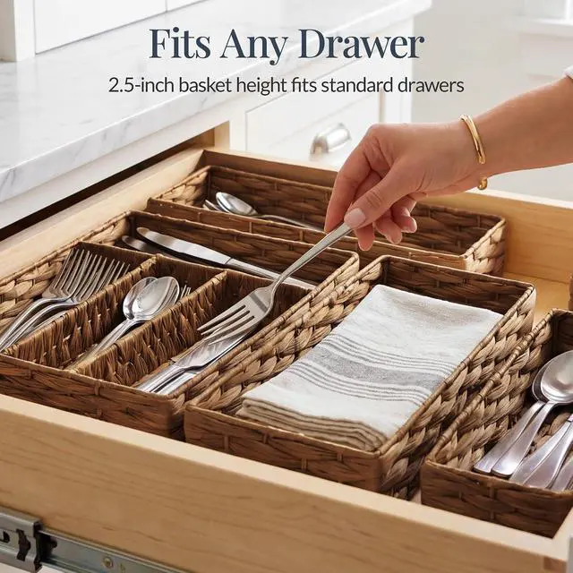 Alt view image 3 of 7 - 5-Piece Flatware Organizer Set, Woven Modular Silverware & Utensil Drawer Organizer Trays, Drawer Divider, Storage Containers for Kitchen, Bathroom, & Office Utensils - Chestnut