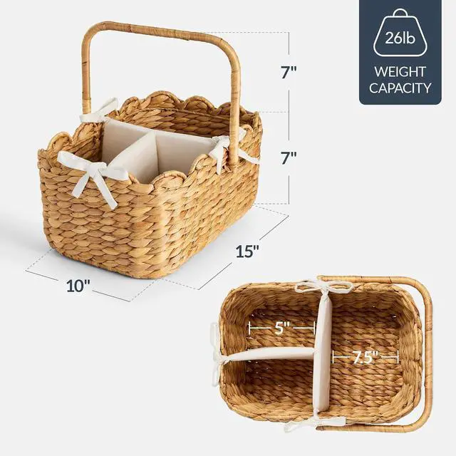 Alt view image 2 of 7 - Baby Diaper Caddy Organizer, Large Portable Handmade Nursery Basket w/Removable Divider & Handles, Handwoven Changing Table Storage Bin for Nursery Organization - Natural
