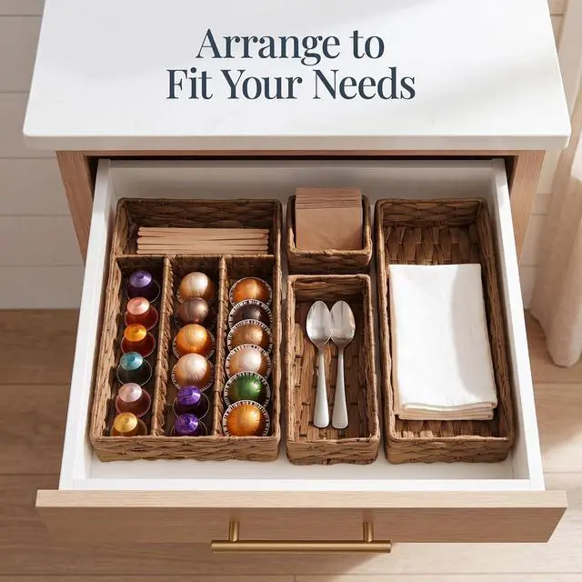 Alt view image 7 of 7 - 5-Piece Flatware Organizer Set, Woven Modular Silverware & Utensil Drawer Organizer Trays, Drawer Divider, Storage Containers for Kitchen, Bathroom, & Office Utensils - Chestnut