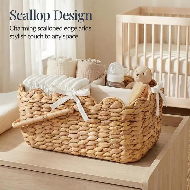 Alt view image 3 of 7 - Baby Diaper Caddy Organizer, Large Portable Handmade Nursery Basket w/Removable Divider & Handles, Handwoven Changing Table Storage Bin for Nursery Organization - Natural