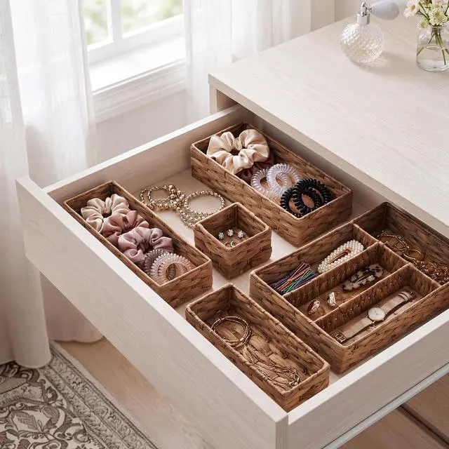 Alt view image 6 of 7 - 5-Piece Flatware Organizer Set, Woven Modular Silverware & Utensil Drawer Organizer Trays, Drawer Divider, Storage Containers for Kitchen, Bathroom, & Office Utensils - Chestnut