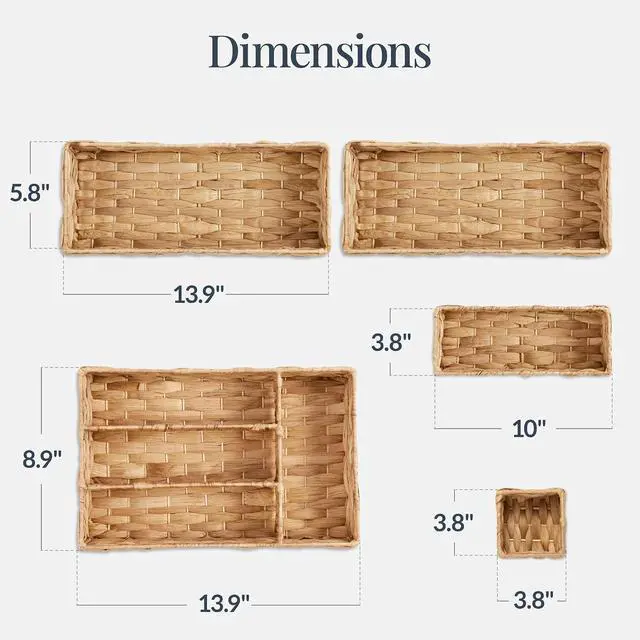 Alt view image 2 of 7 - 5-Piece Flatware Organizer Set, Woven Modular Silverware & Utensil Drawer Organizer Trays, Drawer Divider, Storage Containers for Kitchen, Bathroom, & Office Utensils - Natural