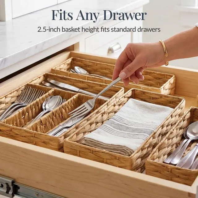Alt view image 3 of 7 - 5-Piece Flatware Organizer Set, Woven Modular Silverware & Utensil Drawer Organizer Trays, Drawer Divider, Storage Containers for Kitchen, Bathroom, & Office Utensils - Natural