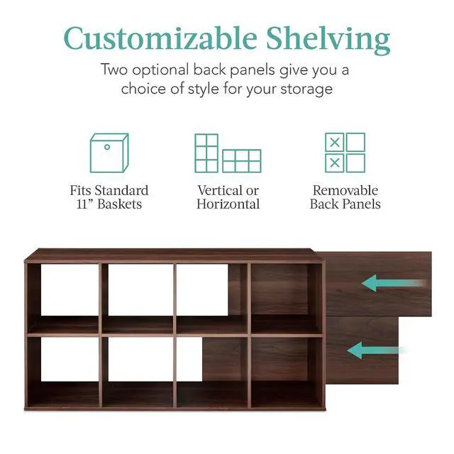 Alt view image 3 of 7 - Best Choice Products 8-Cube Storage Organizer, 11in Shelf Opening, Bookcase, Display Shelf, Customizable w/ 3 Removable Back Panels Walnut