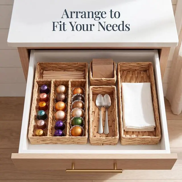 Alt view image 7 of 7 - 5-Piece Flatware Organizer Set, Woven Modular Silverware & Utensil Drawer Organizer Trays, Drawer Divider, Storage Containers for Kitchen, Bathroom, & Office Utensils - Natural