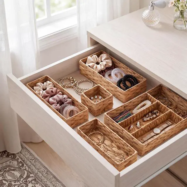 Alt view image 6 of 7 - 5-Piece Flatware Organizer Set, Woven Modular Silverware & Utensil Drawer Organizer Trays, Drawer Divider, Storage Containers for Kitchen, Bathroom, & Office Utensils - Natural