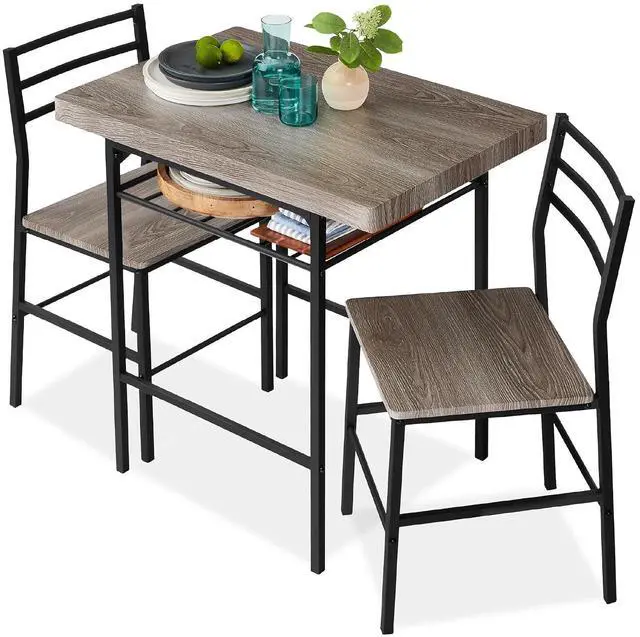 Main image of 3-Piece Modern Dining Set, Space Saving Dinette for Kitchen, Dining Room, Small Space w/Steel Frame, Built-in Storage Rack - Gray/Black
