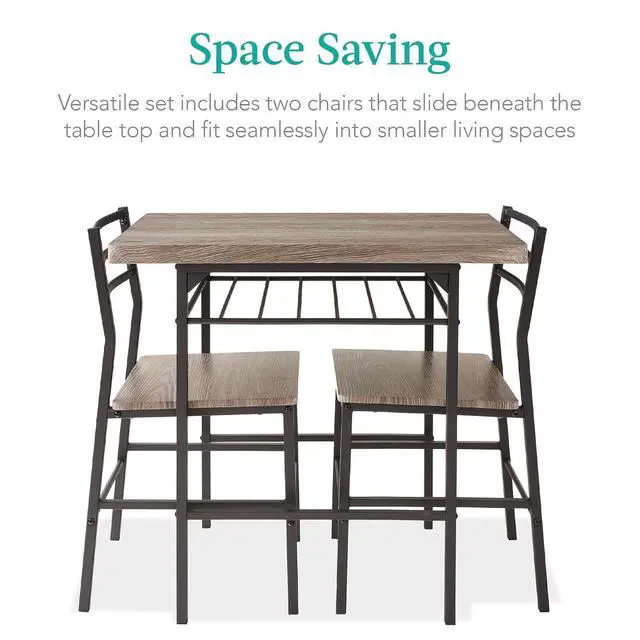 Alt view image 3 of 7 - 3-Piece Modern Dining Set, Space Saving Dinette for Kitchen, Dining Room, Small Space w/Steel Frame, Built-in Storage Rack - Gray/Black