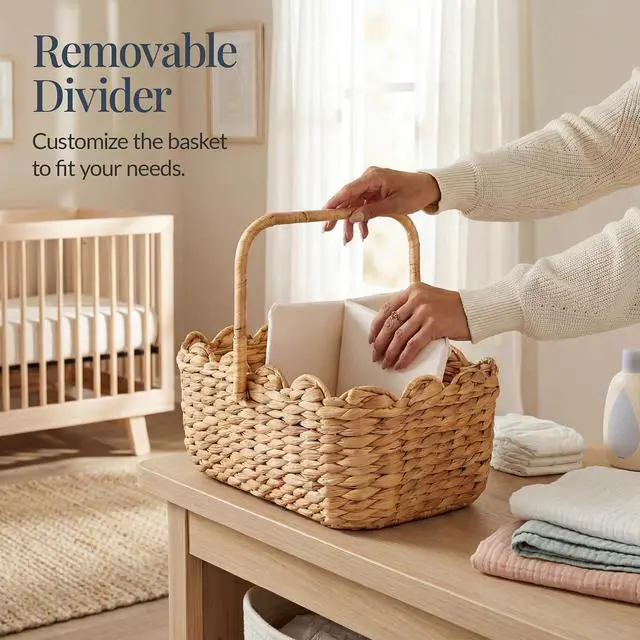 Alt view image 6 of 7 - Baby Diaper Caddy Organizer, Large Portable Handmade Nursery Basket w/Removable Divider & Handles, Handwoven Changing Table Storage Bin for Nursery Organization - Natural