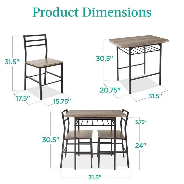 Alt view image 2 of 7 - 3-Piece Modern Dining Set, Space Saving Dinette for Kitchen, Dining Room, Small Space w/Steel Frame, Built-in Storage Rack - Gray/Black