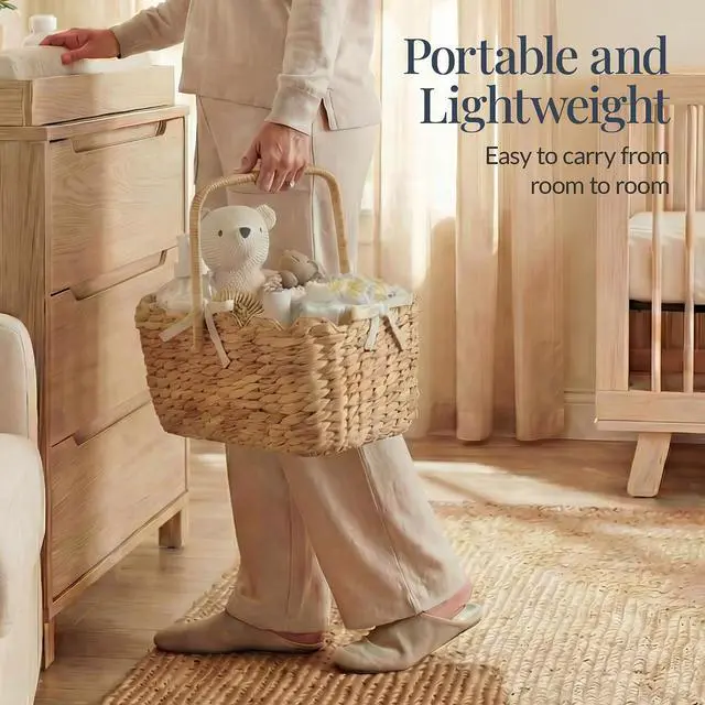 Alt view image 7 of 7 - Baby Diaper Caddy Organizer, Large Portable Handmade Nursery Basket w/Removable Divider & Handles, Handwoven Changing Table Storage Bin for Nursery Organization - Natural