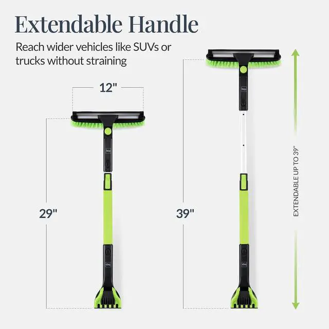 Alt view image 2 of 7 - Snow Brush with Squeegee & Ice Scraper, Up to 39" Extendable Foam Grip, 270° Pivoting Snow Brush for Car Truck SUV, Storage Bag Included - Lime