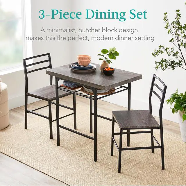 Alt view image 5 of 7 - 3-Piece Modern Dining Set, Space Saving Dinette for Kitchen, Dining Room, Small Space w/Steel Frame, Built-in Storage Rack - Gray/Black