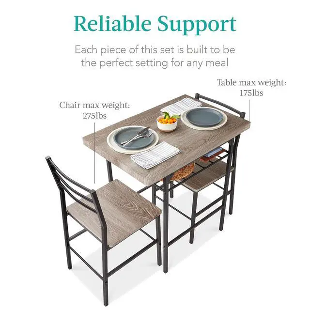 Alt view image 7 of 7 - 3-Piece Modern Dining Set, Space Saving Dinette for Kitchen, Dining Room, Small Space w/Steel Frame, Built-in Storage Rack - Gray/Black