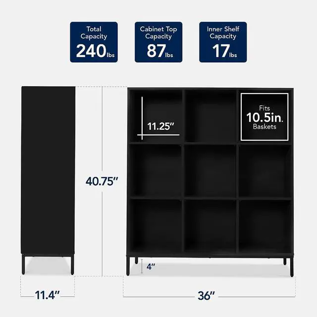 Alt view image 2 of 7 - Best Choice Products 9-Cube Bookshelf, 3-Tier Wood Storage Bookcase W/Legs, 11in Shelf Opening, Cube Organizer, Living Room, Office, Nursery Black