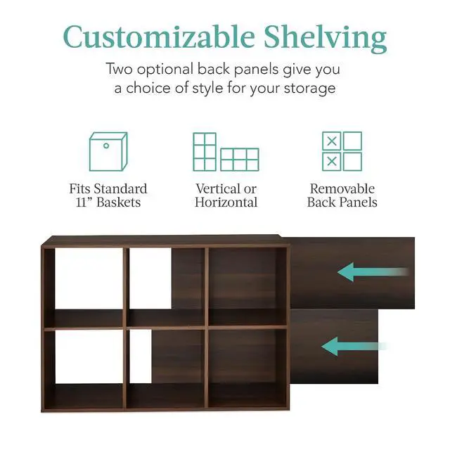 Alt view image 3 of 7 - Best Choice Products 6-Cube Storage Organizer, 11in Shelf Opening, Bookcase, Display Shelf, Customizable w/ 3 Removable Back Panels Walnut