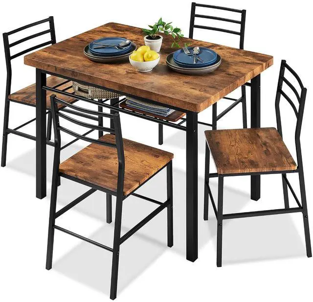 Main image of 5-Piece Modern Dining Set W/Steel Frame, Space Saving Rectangular Kitchen Table W/ 4 Matching Chairs & Storage Rack for Apartments, Kitchens & Dining Rooms - Medium Brown/Black