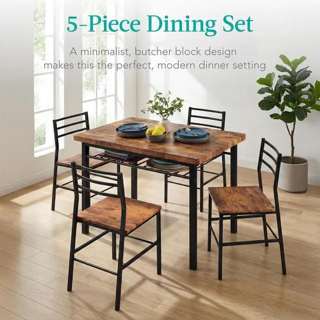 Alt view image 3 of 7 - 5-Piece Modern Dining Set W/Steel Frame, Space Saving Rectangular Kitchen Table W/ 4 Matching Chairs & Storage Rack for Apartments, Kitchens & Dining Rooms - Medium Brown/Black