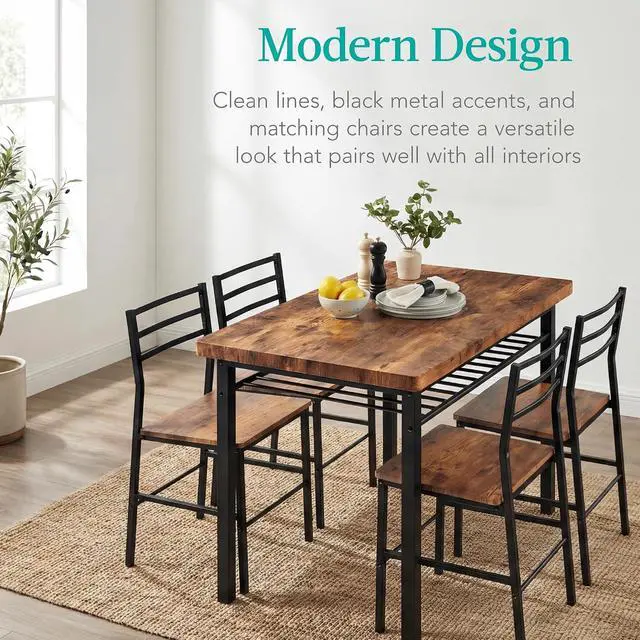 Alt view image 6 of 7 - 5-Piece Modern Dining Set W/Steel Frame, Space Saving Rectangular Kitchen Table W/ 4 Matching Chairs & Storage Rack for Apartments, Kitchens & Dining Rooms - Medium Brown/Black
