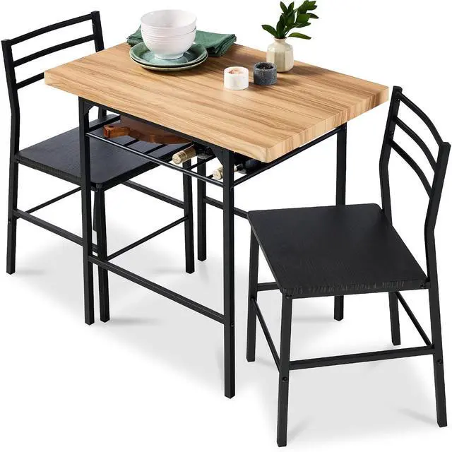 Main image of 3-Piece Modern Dining Set, Space Saving Dinette for Kitchen, Dining Room, Small Space w/Steel Frame, Built-in Storage Rack - Oak/Black
