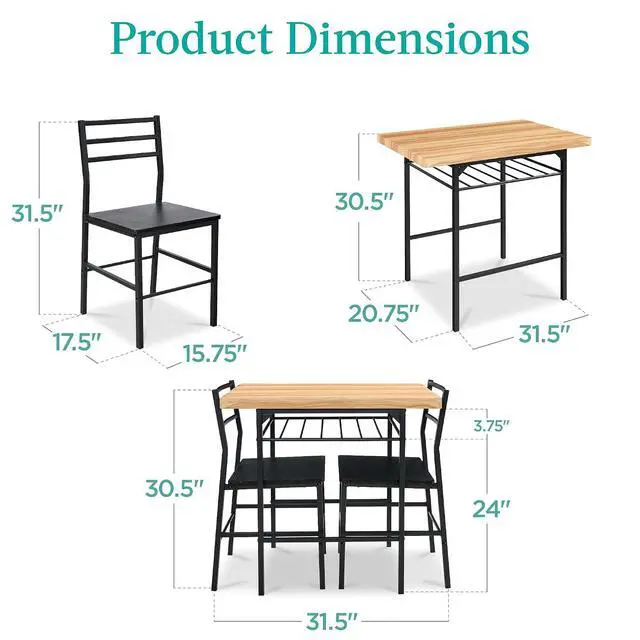Alt view image 2 of 7 - 3-Piece Modern Dining Set, Space Saving Dinette for Kitchen, Dining Room, Small Space w/Steel Frame, Built-in Storage Rack - Oak/Black