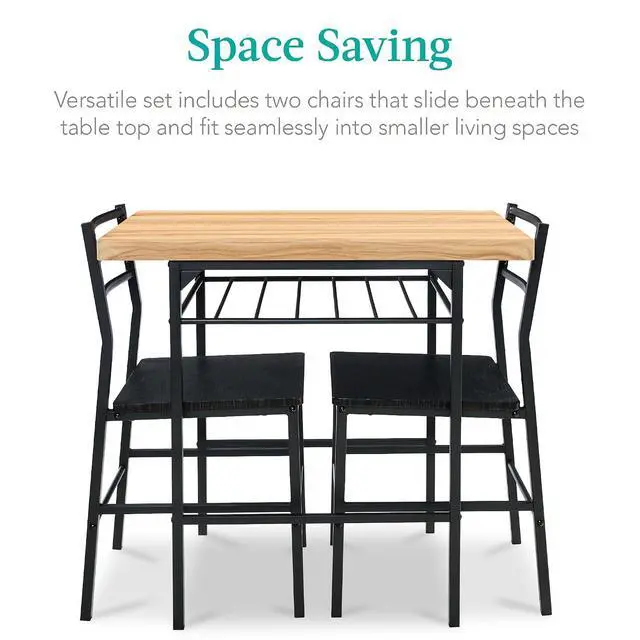 Alt view image 3 of 7 - 3-Piece Modern Dining Set, Space Saving Dinette for Kitchen, Dining Room, Small Space w/Steel Frame, Built-in Storage Rack - Oak/Black