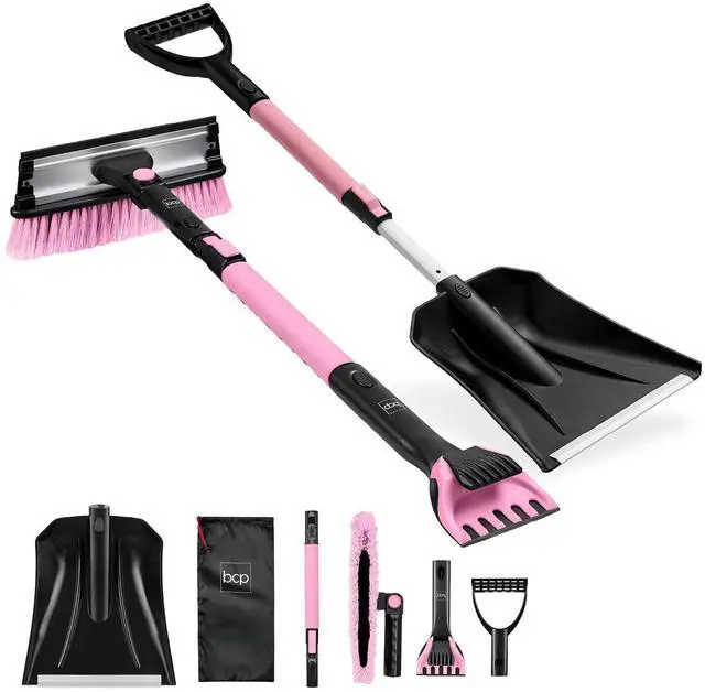 Main image of 4 in 1 Snow Brush with Shovel, Squeegee & Ice Scraper, Up to 39" Extendable Foam Grip, 270° Pivoting Snow Brush for Car Truck SUV, Storage Bag Included - Pink