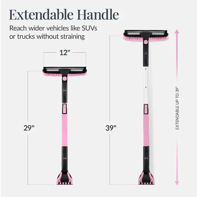 Alt view image 2 of 7 - 4 in 1 Snow Brush with Shovel, Squeegee & Ice Scraper, Up to 39" Extendable Foam Grip, 270° Pivoting Snow Brush for Car Truck SUV, Storage Bag Included - Pink
