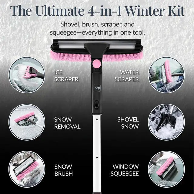 Alt view image 4 of 7 - 4 in 1 Snow Brush with Shovel, Squeegee & Ice Scraper, Up to 39" Extendable Foam Grip, 270° Pivoting Snow Brush for Car Truck SUV, Storage Bag Included - Pink
