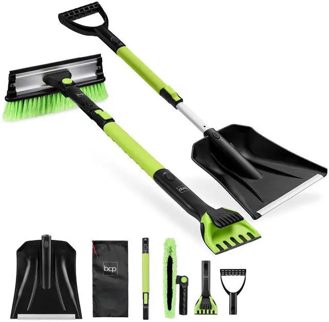 Main image of 4 in 1 Snow Brush with Shovel, Squeegee & Ice Scraper, Up to 39" Extendable Foam Grip, 270° Pivoting Snow Brush for Car Truck SUV, Storage Bag Included - Lime