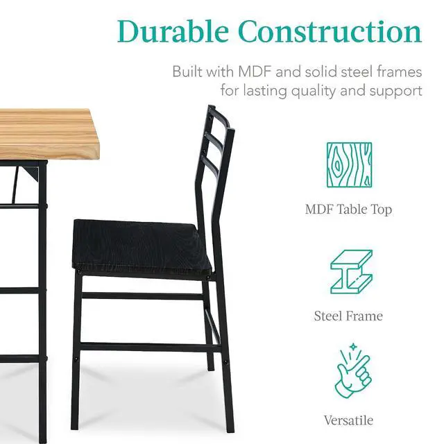 Alt view image 6 of 7 - 3-Piece Modern Dining Set, Space Saving Dinette for Kitchen, Dining Room, Small Space w/Steel Frame, Built-in Storage Rack - Oak/Black