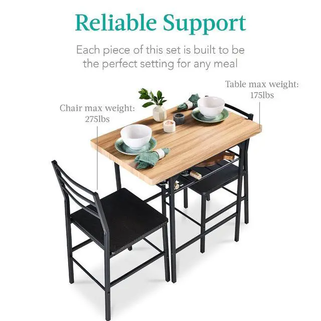 Alt view image 7 of 7 - 3-Piece Modern Dining Set, Space Saving Dinette for Kitchen, Dining Room, Small Space w/Steel Frame, Built-in Storage Rack - Oak/Black