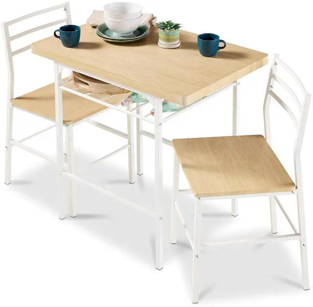 Main image of 3-Piece Modern Dining Set, Space Saving Dinette for Kitchen, Dining Room, Small Space w/Steel Frame, Built-in Storage Rack - Natural/White