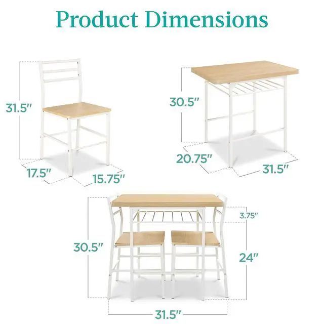 Alt view image 2 of 7 - 3-Piece Modern Dining Set, Space Saving Dinette for Kitchen, Dining Room, Small Space w/Steel Frame, Built-in Storage Rack - Natural/White