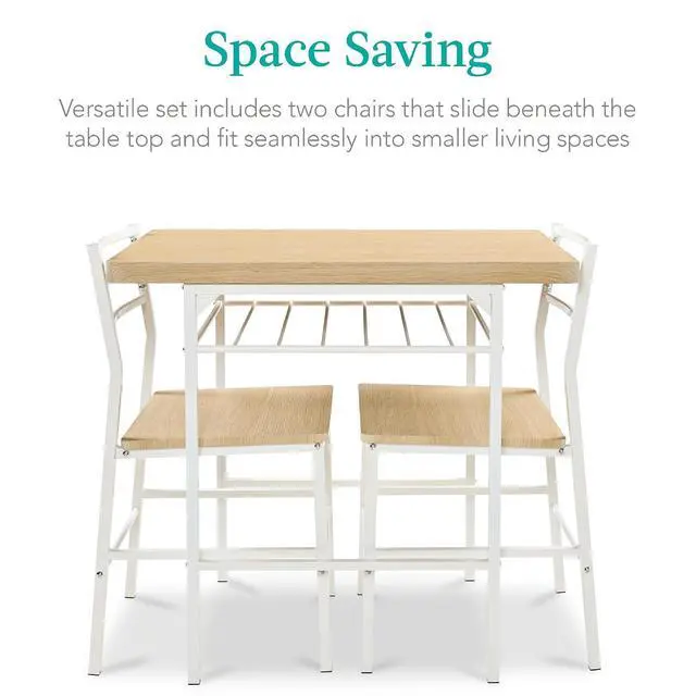 Alt view image 3 of 7 - 3-Piece Modern Dining Set, Space Saving Dinette for Kitchen, Dining Room, Small Space w/Steel Frame, Built-in Storage Rack - Natural/White