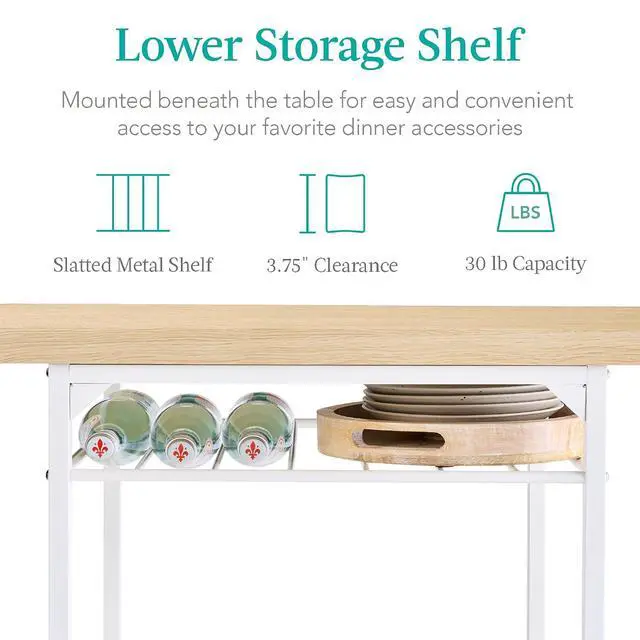 Alt view image 4 of 7 - 3-Piece Modern Dining Set, Space Saving Dinette for Kitchen, Dining Room, Small Space w/Steel Frame, Built-in Storage Rack - Natural/White