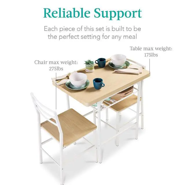 Alt view image 7 of 7 - 3-Piece Modern Dining Set, Space Saving Dinette for Kitchen, Dining Room, Small Space w/Steel Frame, Built-in Storage Rack - Natural/White