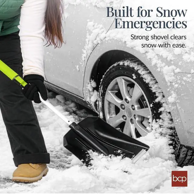 Alt view image 3 of 7 - 4 in 1 Snow Brush with Shovel, Squeegee & Ice Scraper, Up to 39" Extendable Foam Grip, 270° Pivoting Snow Brush for Car Truck SUV, Storage Bag Included - Lime
