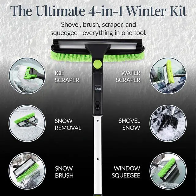 Alt view image 4 of 7 - 4 in 1 Snow Brush with Shovel, Squeegee & Ice Scraper, Up to 39" Extendable Foam Grip, 270° Pivoting Snow Brush for Car Truck SUV, Storage Bag Included - Lime