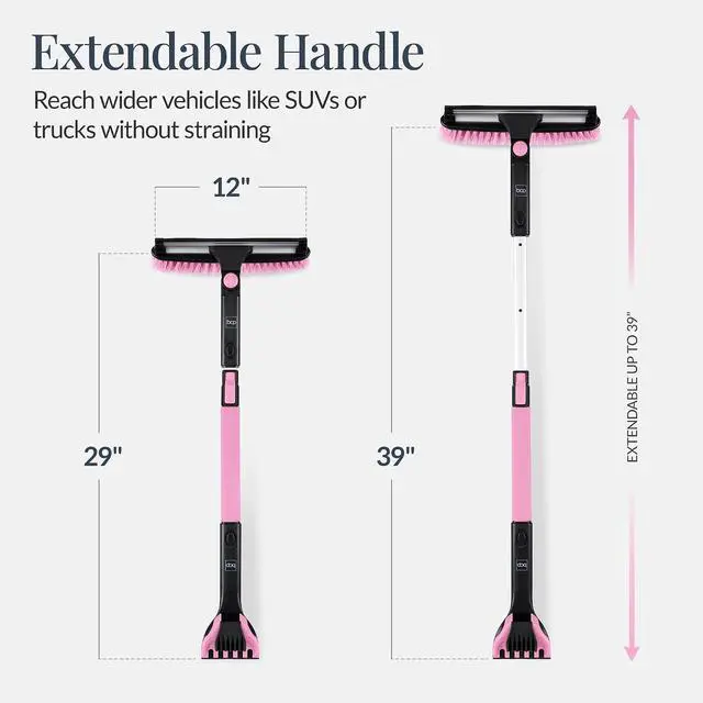 Alt view image 2 of 7 - Snow Brush with Squeegee & Ice Scraper, Up to 39" Extendable Foam Grip, 270° Pivoting Snow Brush for Car Truck SUV, Storage Bag Included - Pink