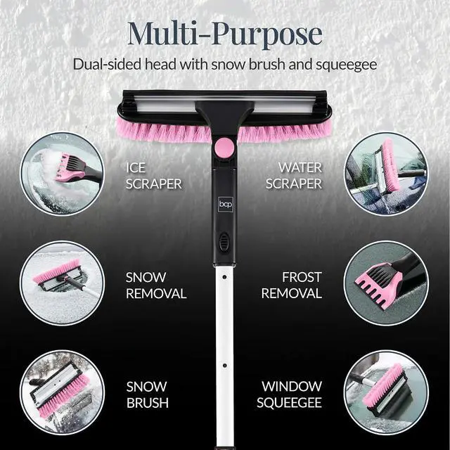 Alt view image 4 of 7 - Snow Brush with Squeegee & Ice Scraper, Up to 39" Extendable Foam Grip, 270° Pivoting Snow Brush for Car Truck SUV, Storage Bag Included - Pink