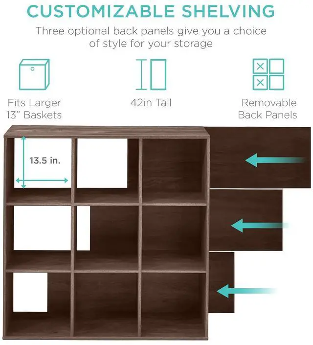 Alt view image 3 of 7 - Best Choice Products 9-Cube Storage Organizer, 13.5in Shelf Opening, Bookcase, Display Shelf, Customizable w/ 3 Removable Back Panels Walnut