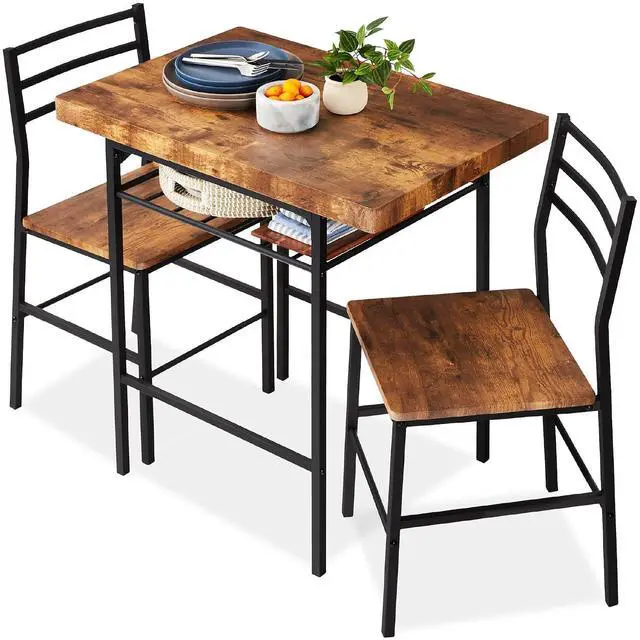 Main image of 3-Piece Modern Dining Set, Space Saving Dinette for Kitchen, Dining Room, Small Space w/Steel Frame, Built-in Storage Rack - Medium Brown/Black