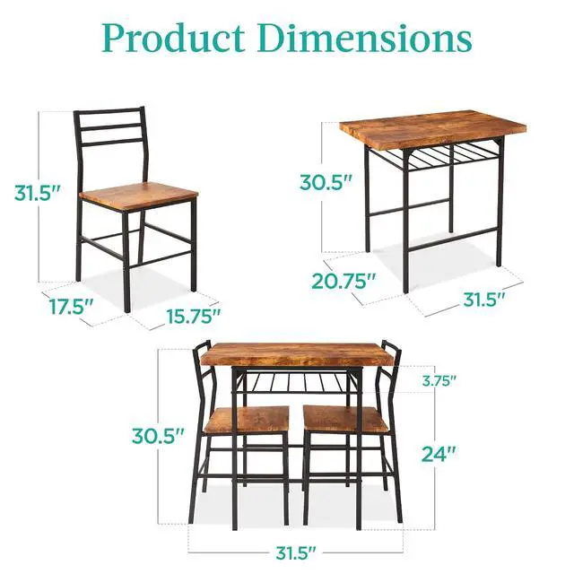 Alt view image 2 of 7 - 3-Piece Modern Dining Set, Space Saving Dinette for Kitchen, Dining Room, Small Space w/Steel Frame, Built-in Storage Rack - Medium Brown/Black